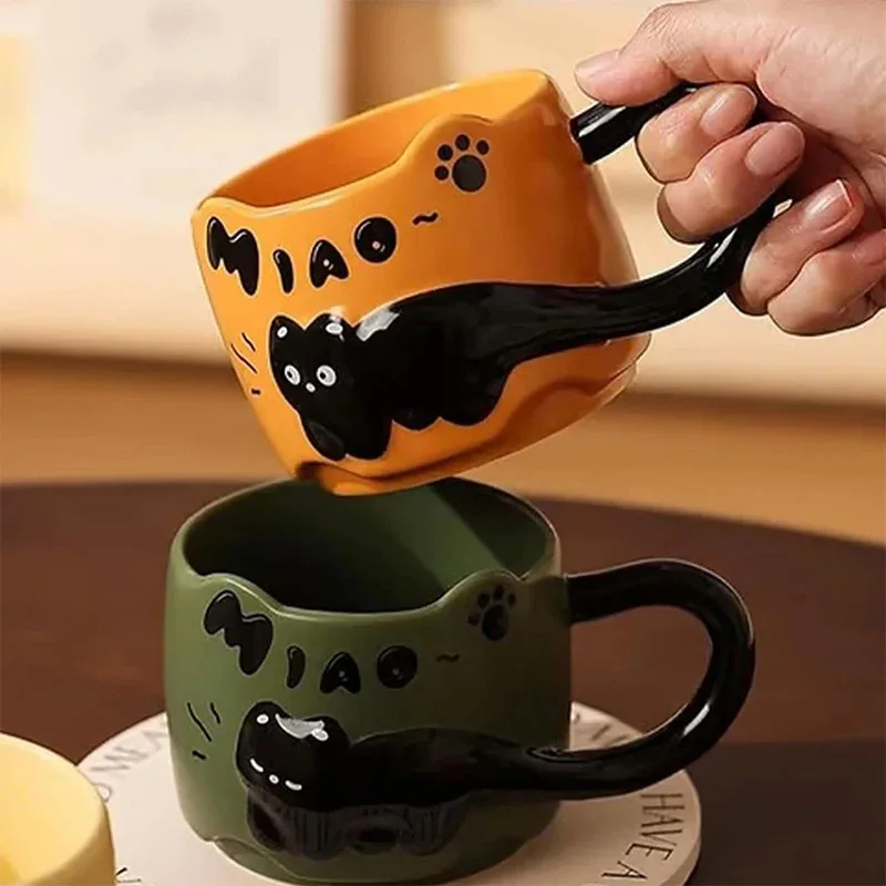 Taza apilable de gato en cerámica con dibujo infantil para hogar