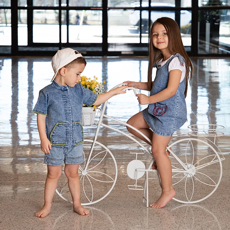 Vestido vaquero para niña, conjunto de verano con bolsillos contraste - imagen 3