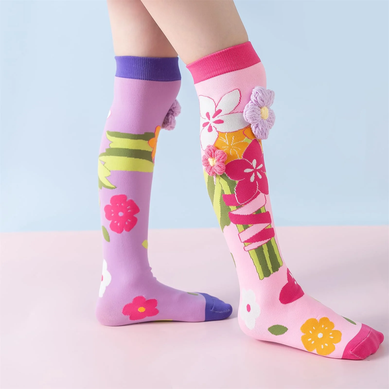 Calcetines altos hasta la rodilla para niña con flores y animales - imagen 4