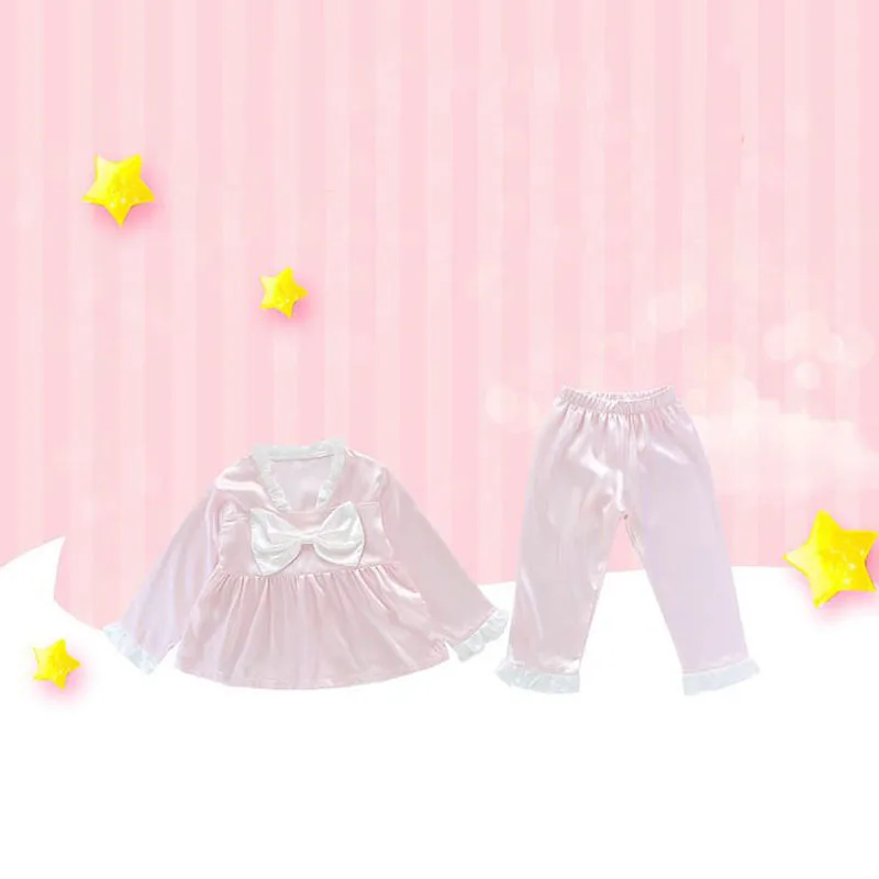 Pijama de seda fría para niña con lazo – Ropa de casa para primavera y otoño - imagen 2