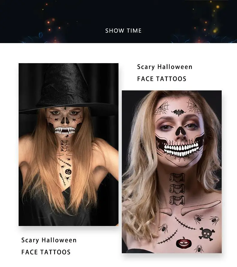 Tatuaje temporal facial de Halloween con motivo terrorífico y telarañas