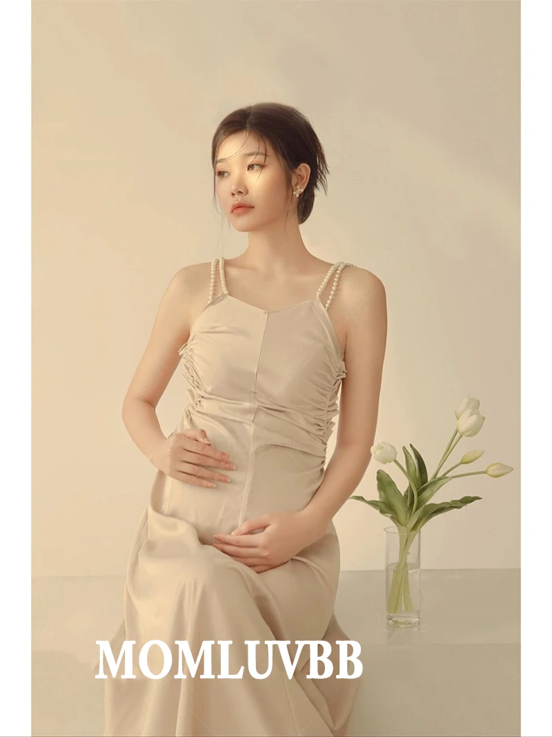 Vestido de maternidad largo sin mangas con perlas para sesión - imagen 2
