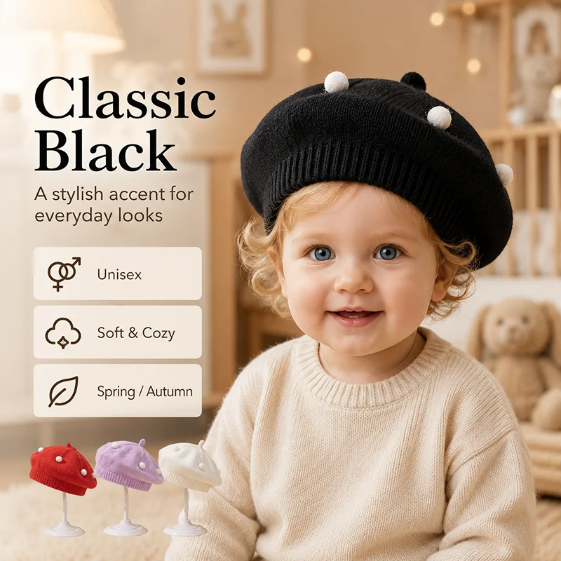 Gorro de punto para bebé unisex con pompón suave, estilo pintor - imagen 5