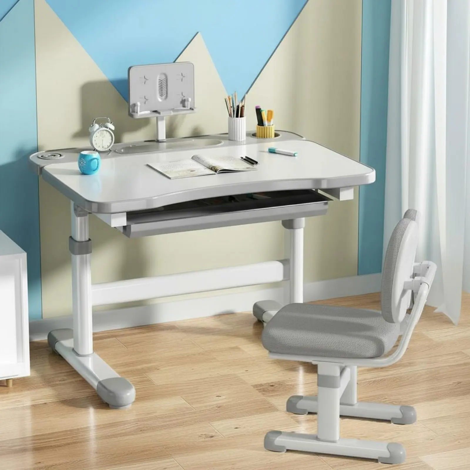 Escritorio infantil ajustable con silla ergonómica y bordes redondeados - imagen 3