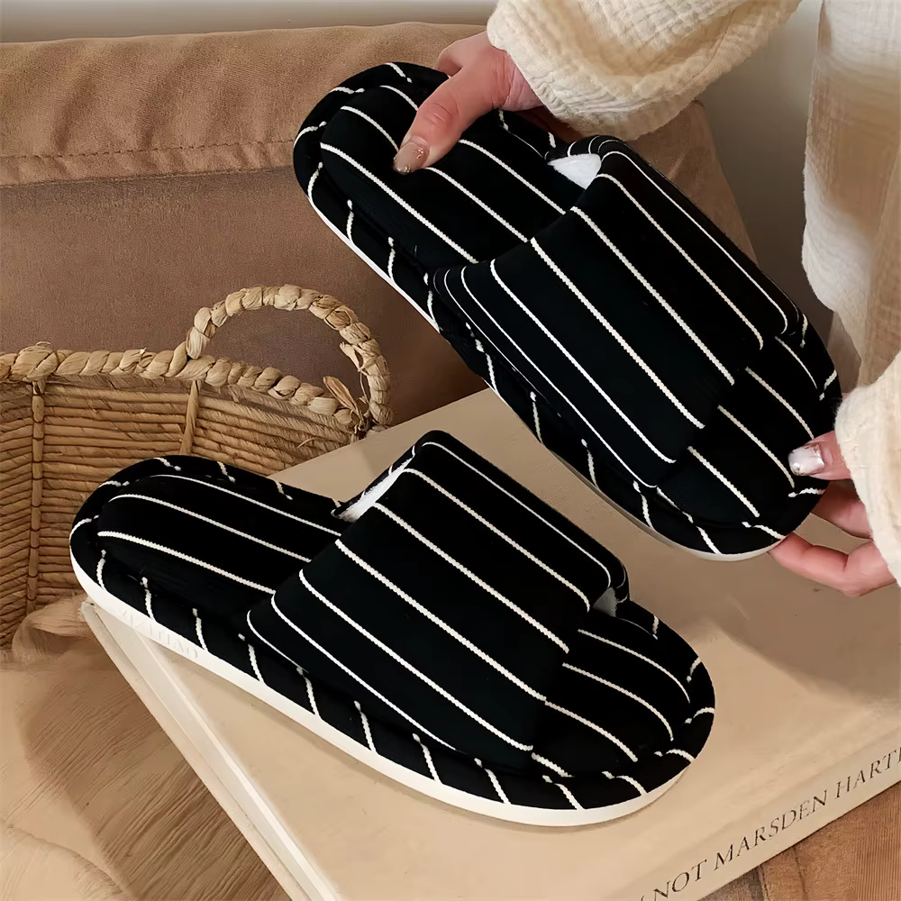 Zapatillas de casa antideslizantes en lino con rayas estilo coreano