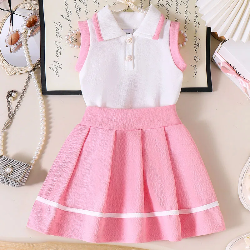 Conjunto de bebé niña sin mangas rosa con falda estilo coreano
