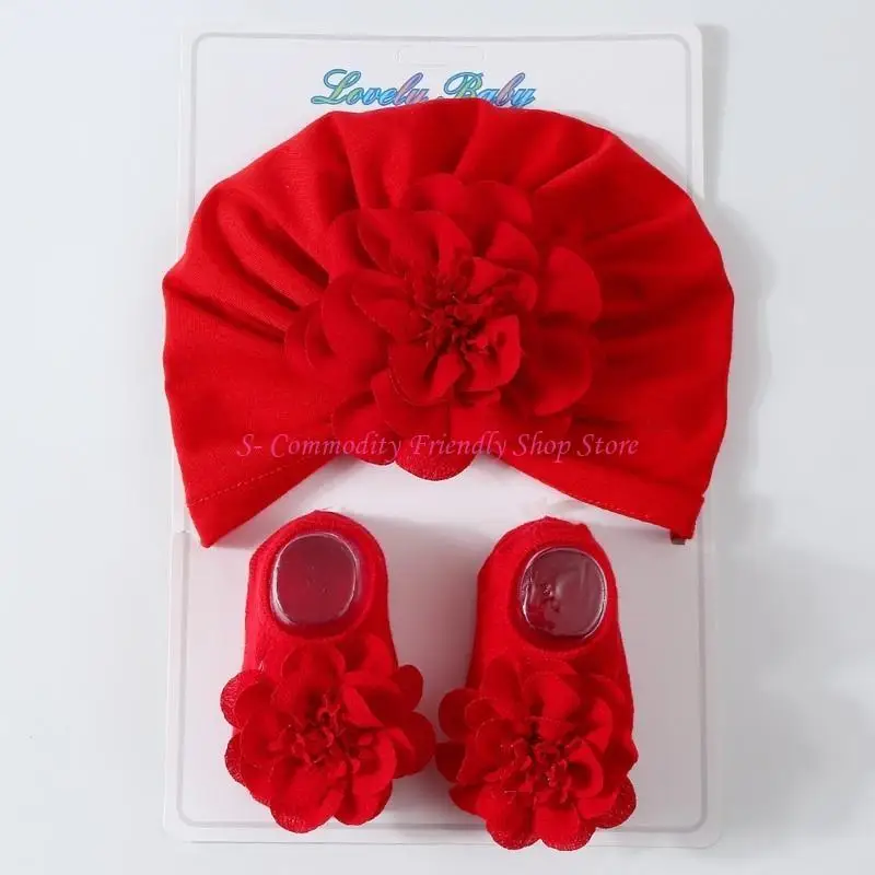 Conjunto bebé gorro turbante de flores y calcetines antideslizantes