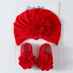 Conjunto bebé gorro turbante de flores y calcetines antideslizantes