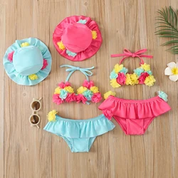 Traje de baño niña con flores, bikini halter y gorro de playa