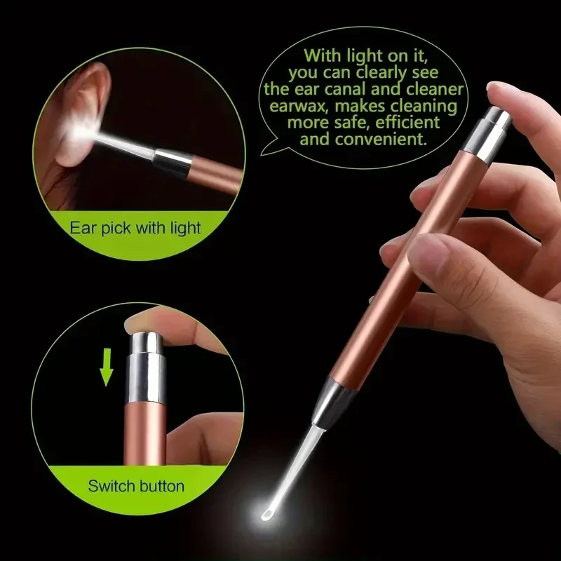 Limpiador de oídos con luz LED y cucharilla de acero inoxidable