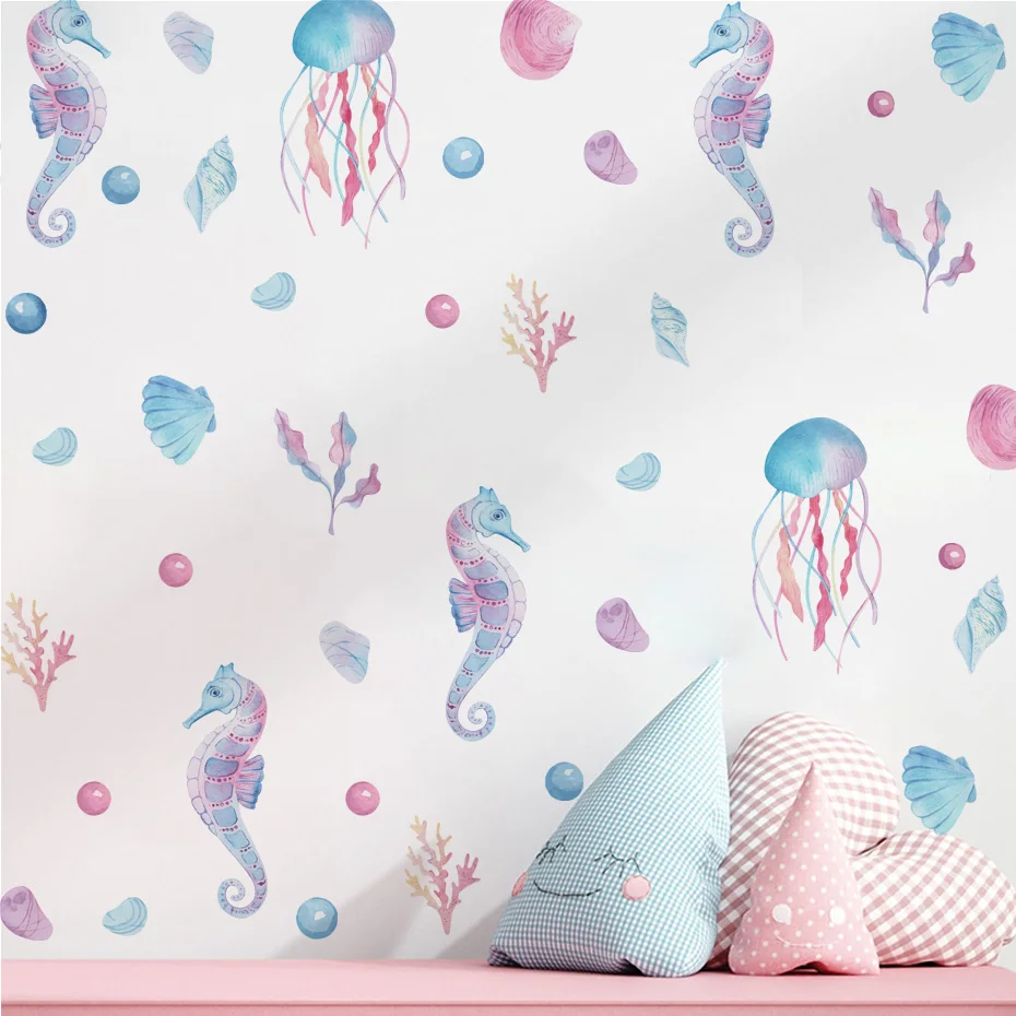 Pegatinas de pared de medusas y caballitos de mar acuarela - imagen 3