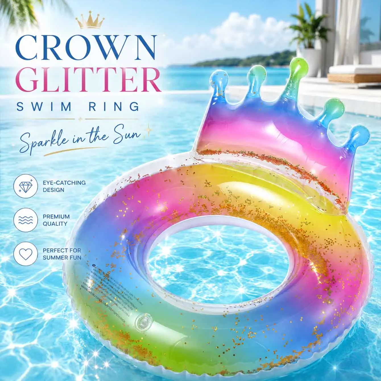 Flotador inflable corona arcoíris con brillantina para piscina - imagen 2