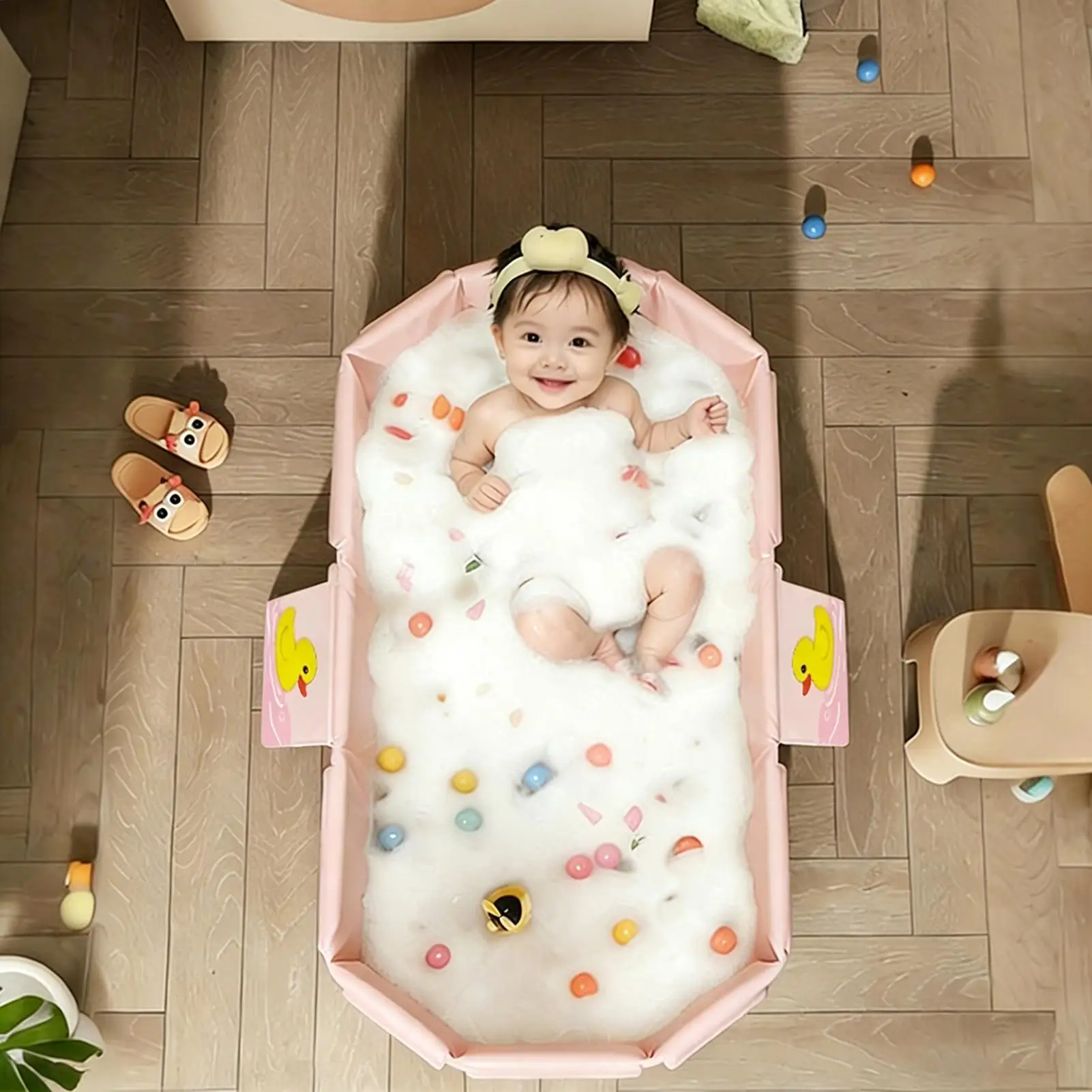 Bañera bebé plegable con drenaje compacta y segura para niños - imagen 2