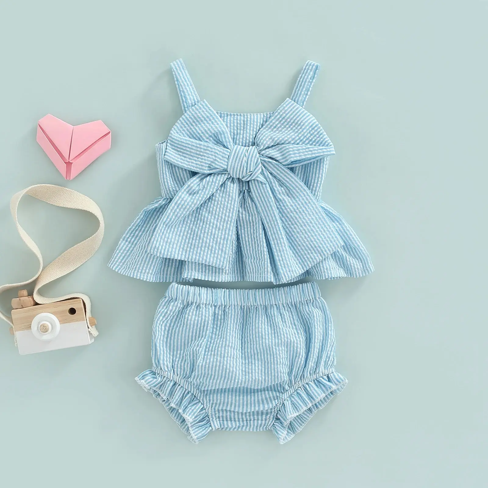 Conjunto bebé niña de rayas con chaleco lazo y pantalón corto - imagen 5