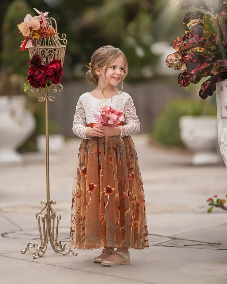Vestido de niña de tul floral naranja – encaje rústico de fiesta - imagen 3
