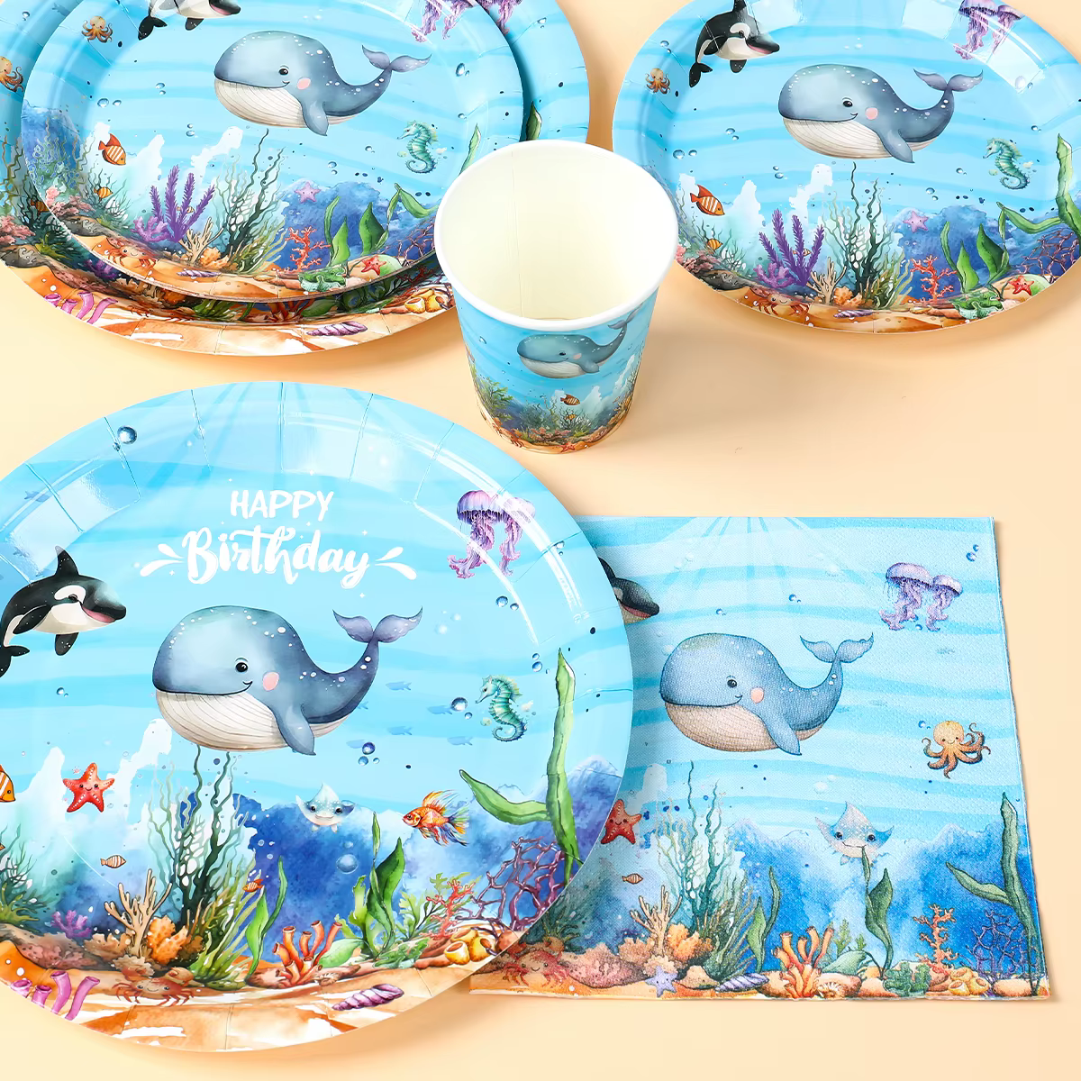Vajilla desechable tiburón para cumpleaños infantiles – Tema marino - imagen 5
