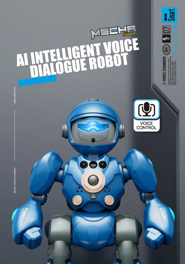 Robot inteligente azul/gris con control y luces multicolor