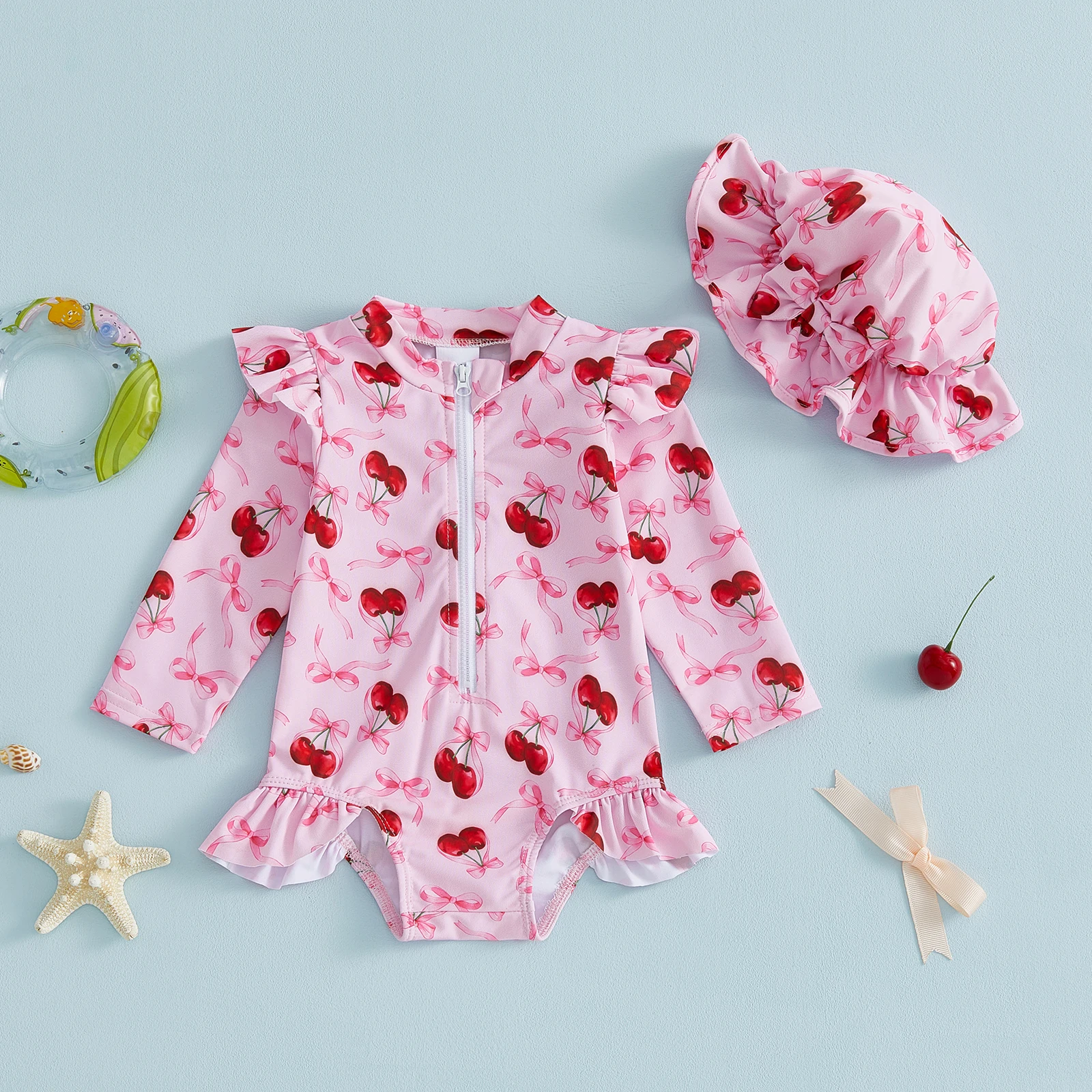 Traje de baño niña de manga larga con estampado de cereza y lazo