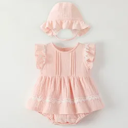 Mono sin mangas de encaje rosa niña recién nacida verano con sombrero