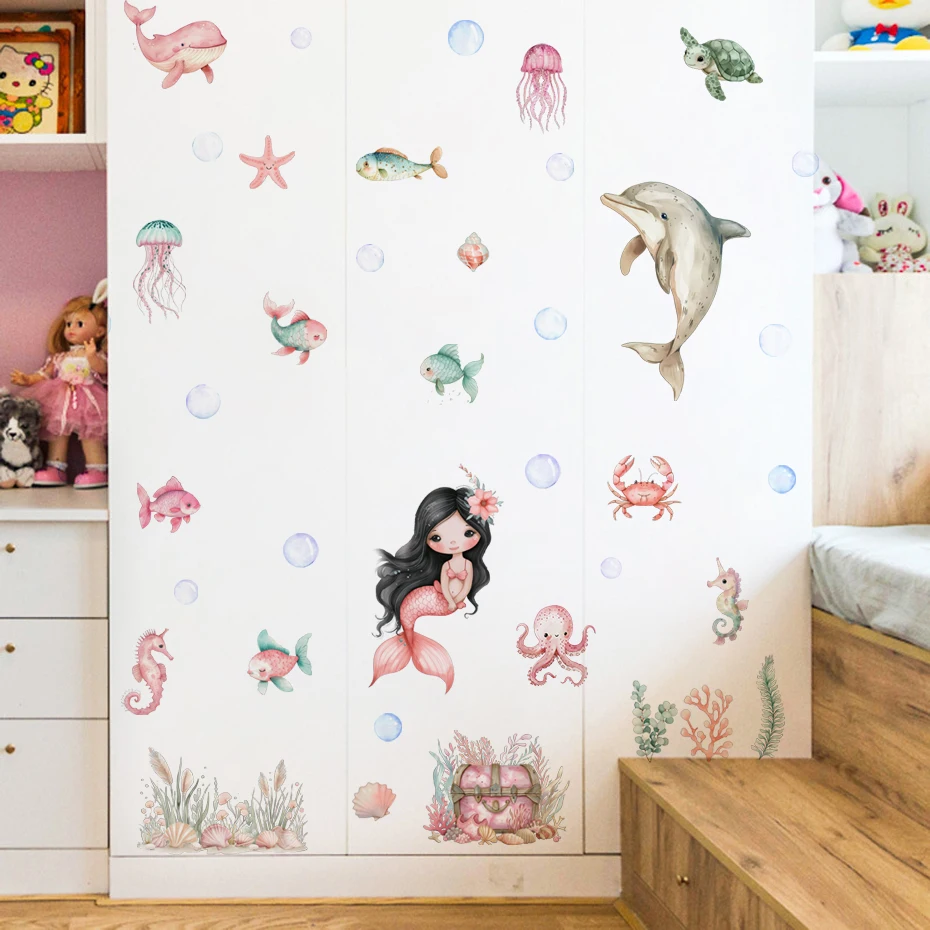Pegatina de pared marinas con sirena y delfín para habitación infantil - imagen 5