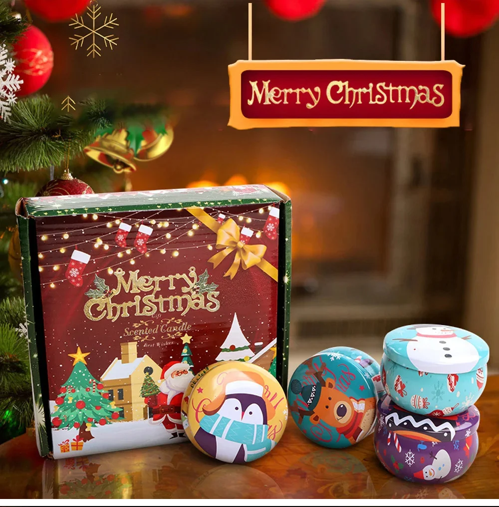 Juego de 4 cajas de velas aromáticas con adornos navideños