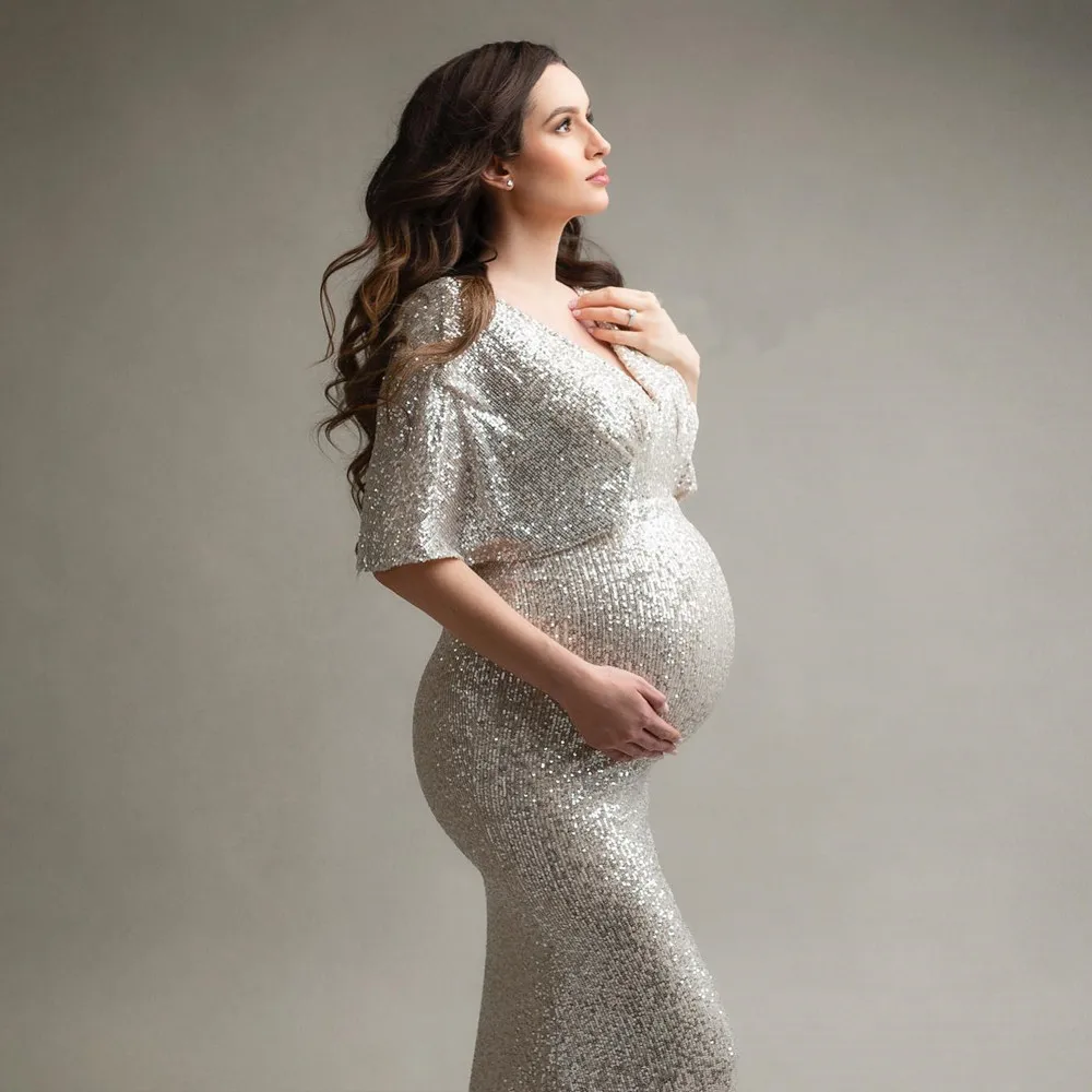 Vestido de lentejuelas largo para embarazadas con caída elástica