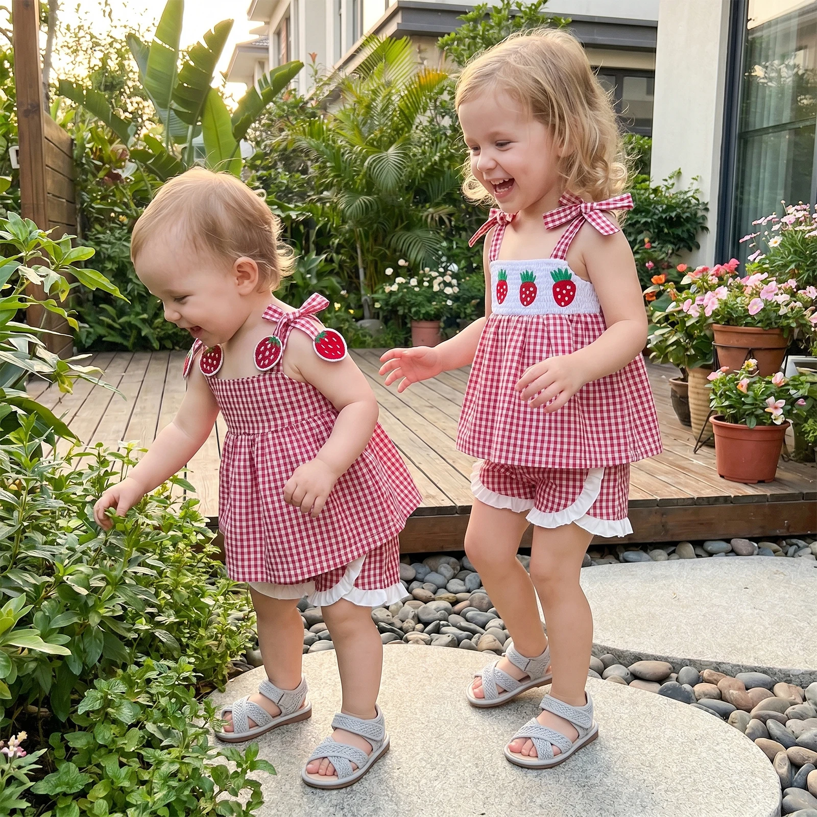 Conjunto verano bebé niña cuadros sin mangas y pantalón corto volantes - imagen 4