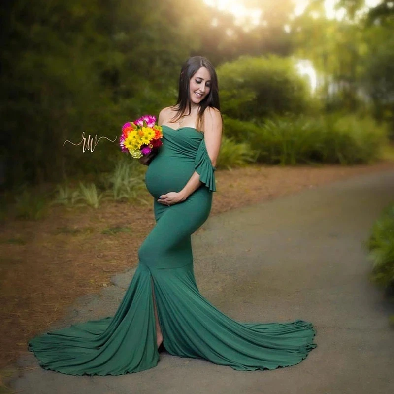 Vestido de maternidad cruzado de algodón sin hombros para fotos - imagen 2