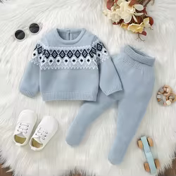Conjunto bebé 0-9M - suéter tejido y pantalón a rayas; abrigo cálido