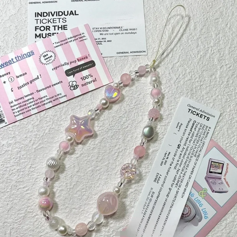 Cordón para teléfono con cuentas corazón y estrella rosa antipérdida
