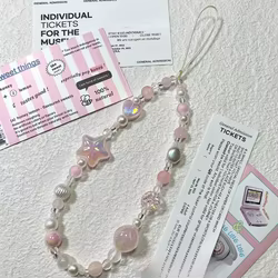 Cordón para teléfono con cuentas corazón y estrella rosa antipérdida