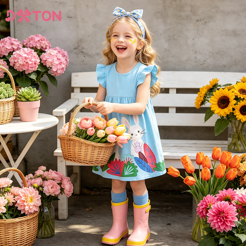 DXTON vestido de verano de algodón sin mangas para niñas conejito y flores - imagen 2