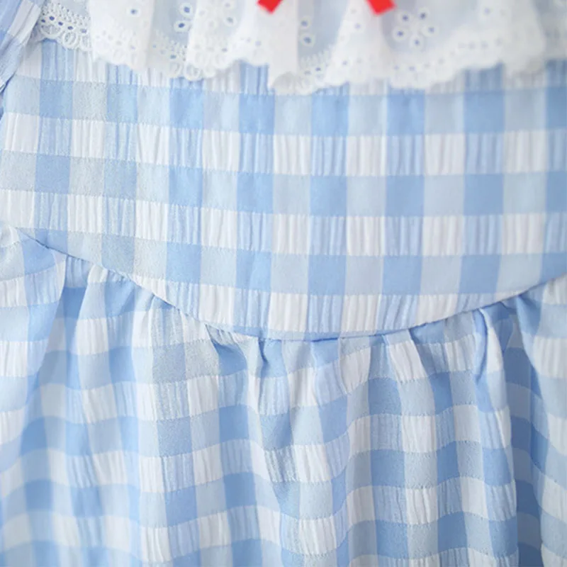 Vestido de verano para niña con lazo a cuadros azules y sombrero - imagen 2