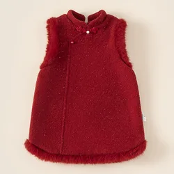 Conjunto bebé de lana rojo sin mangas para otoño e invierno