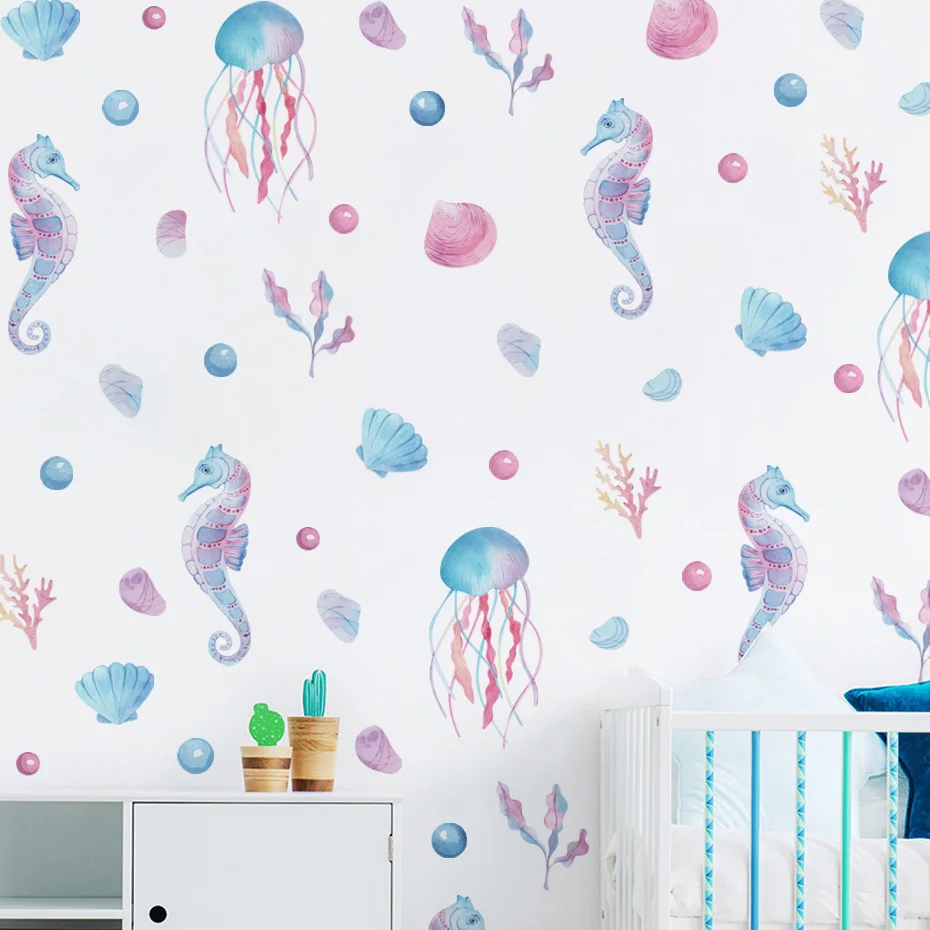 Pegatinas de pared de medusas y caballitos de mar acuarela - imagen 4