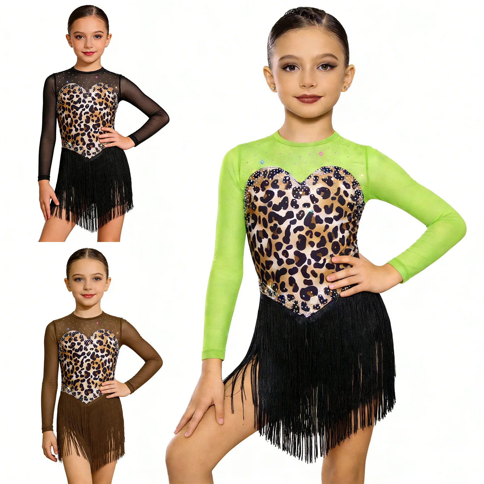 Vestido de baile latino con flecos y leopardo para niñas - imagen 3