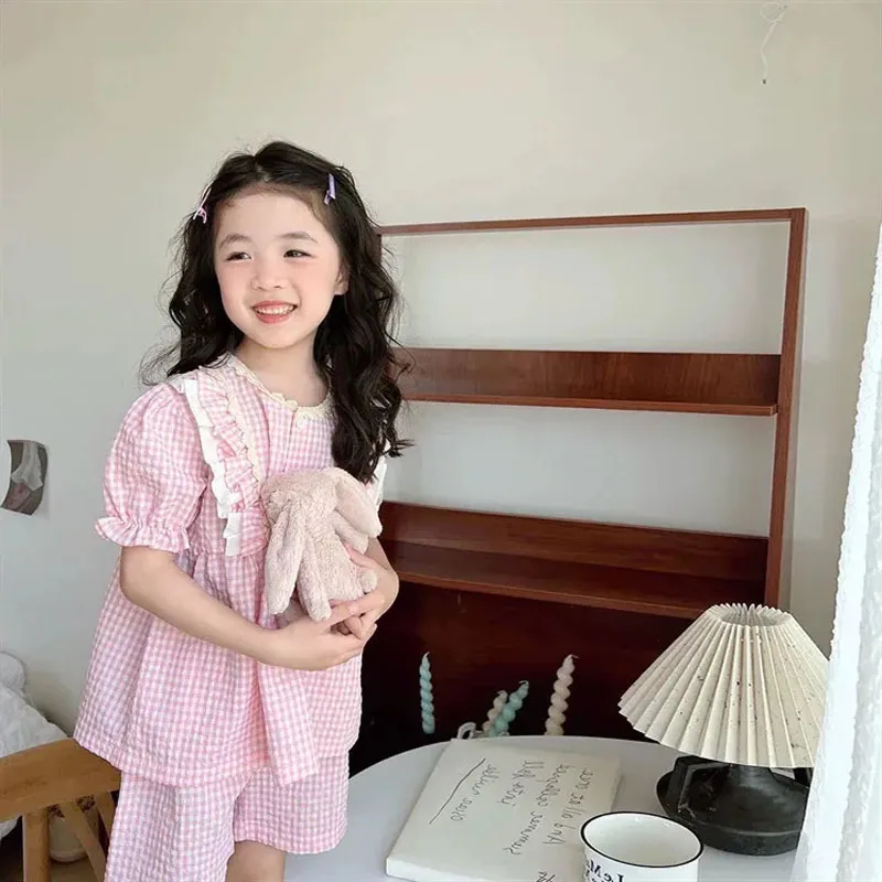 Pijama algodón a cuadros para niña – Conjunto fresco manga corta - imagen 3
