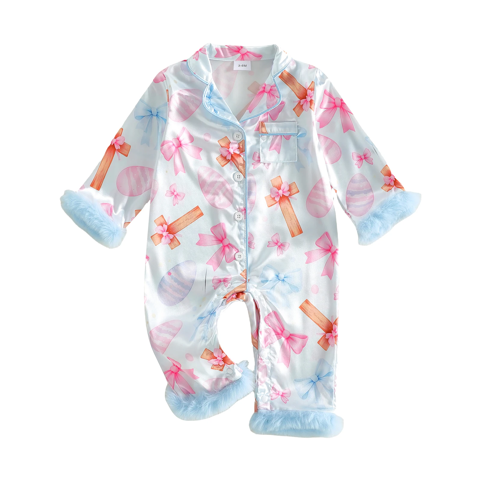Pijama de satén para niña manga larga con botones y conejitos
