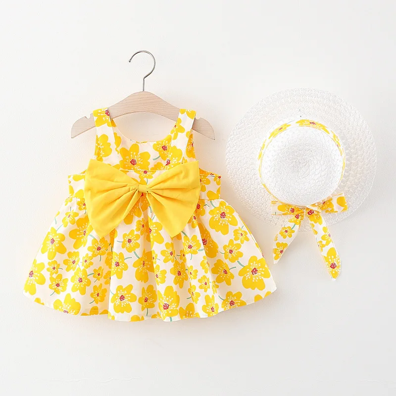 Vestido de verano floral con lazo y sombrero para niña - imagen 4