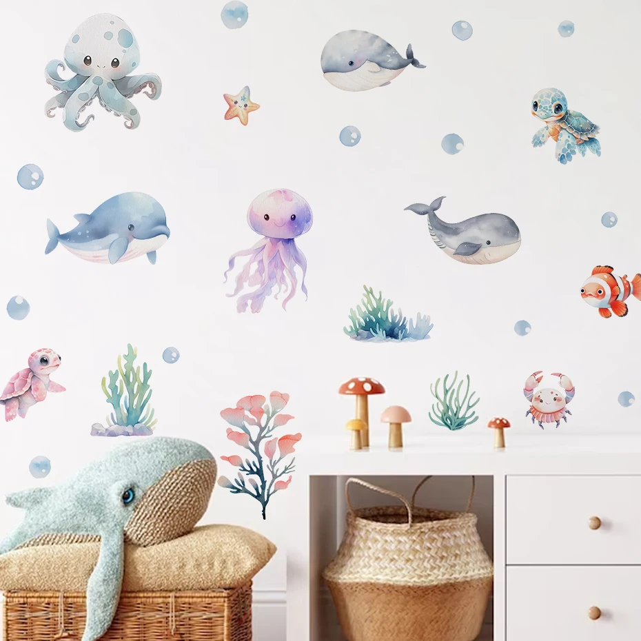 Adhesivo de pared de ballena acuarela con animales marinos - imagen 2