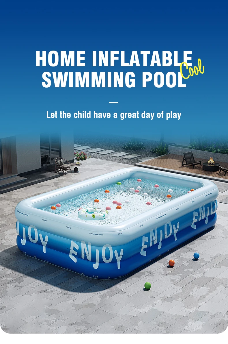 Piscina inflable azul con estructura estable