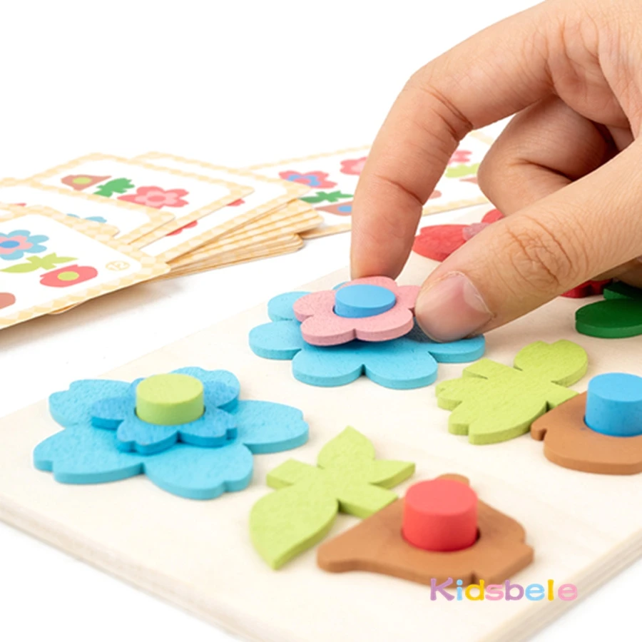 Puzle Montessori de madera con formas geométricas florales - imagen 3