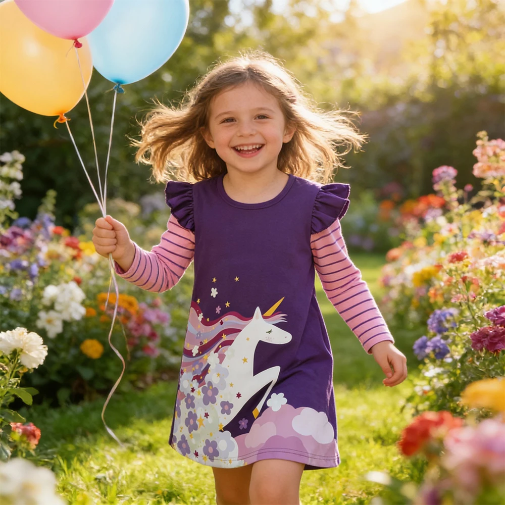 DXTON vestido de niña floral algodón con mangas voladoras a rayas - imagen 2