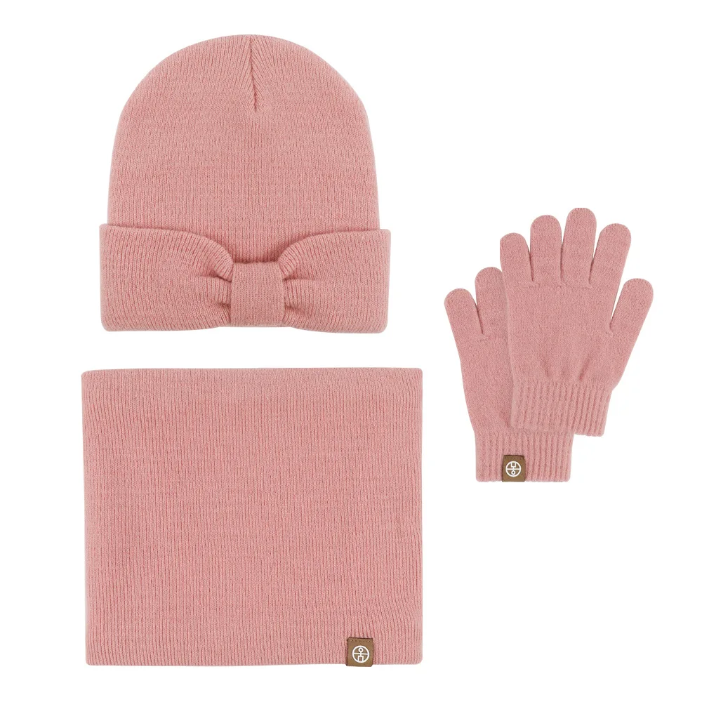 Conjunto bebé niña invierno con gorro lazo, guantes y bufanda