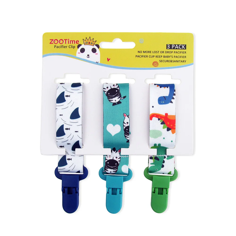 Set de 3 clips para chupete con estampados de dibujos animados