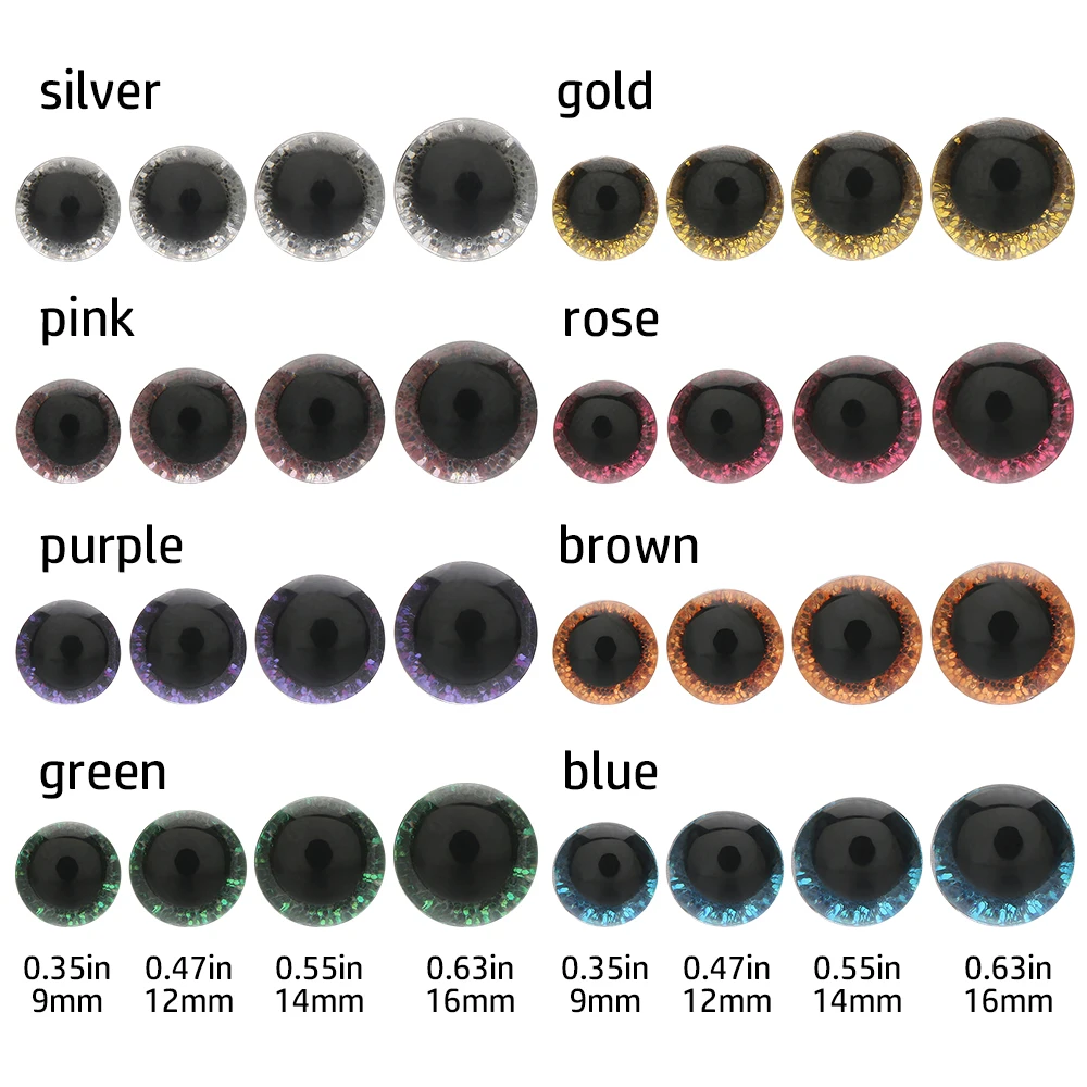 Ojos de cristal en diversos colores con brillo de purpurina