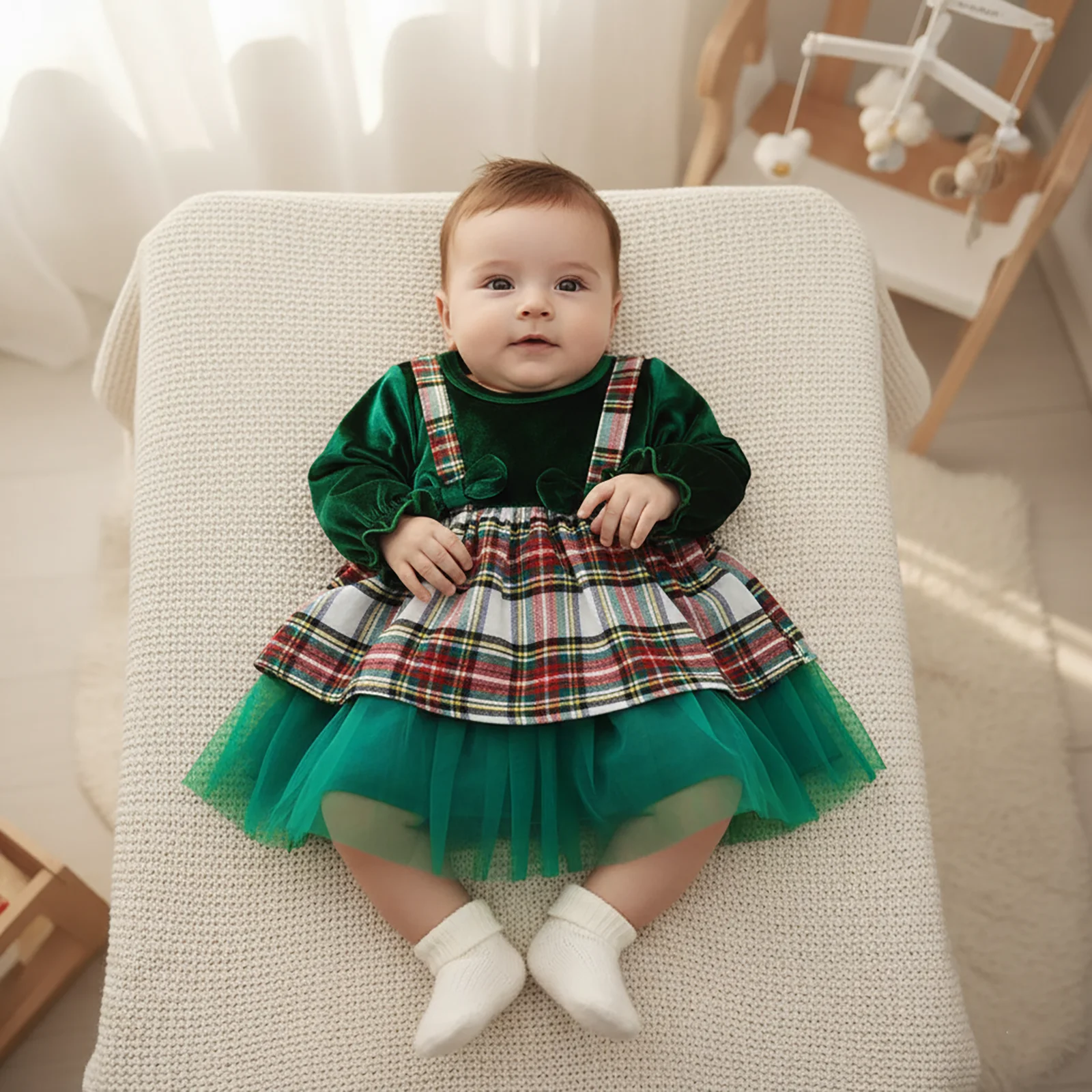 ViSgogo Vestido de Navidad terciopelo niña – Manga larga cuadros - imagen 5