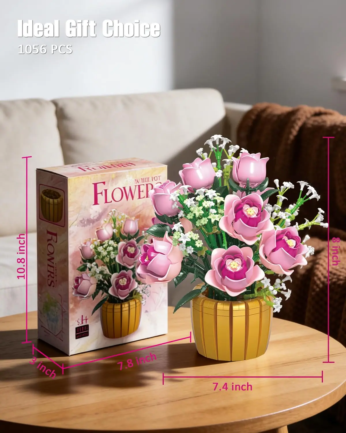 Bloques de construcción maceta con rosas rosadas – Adorno de escritorio - imagen 5