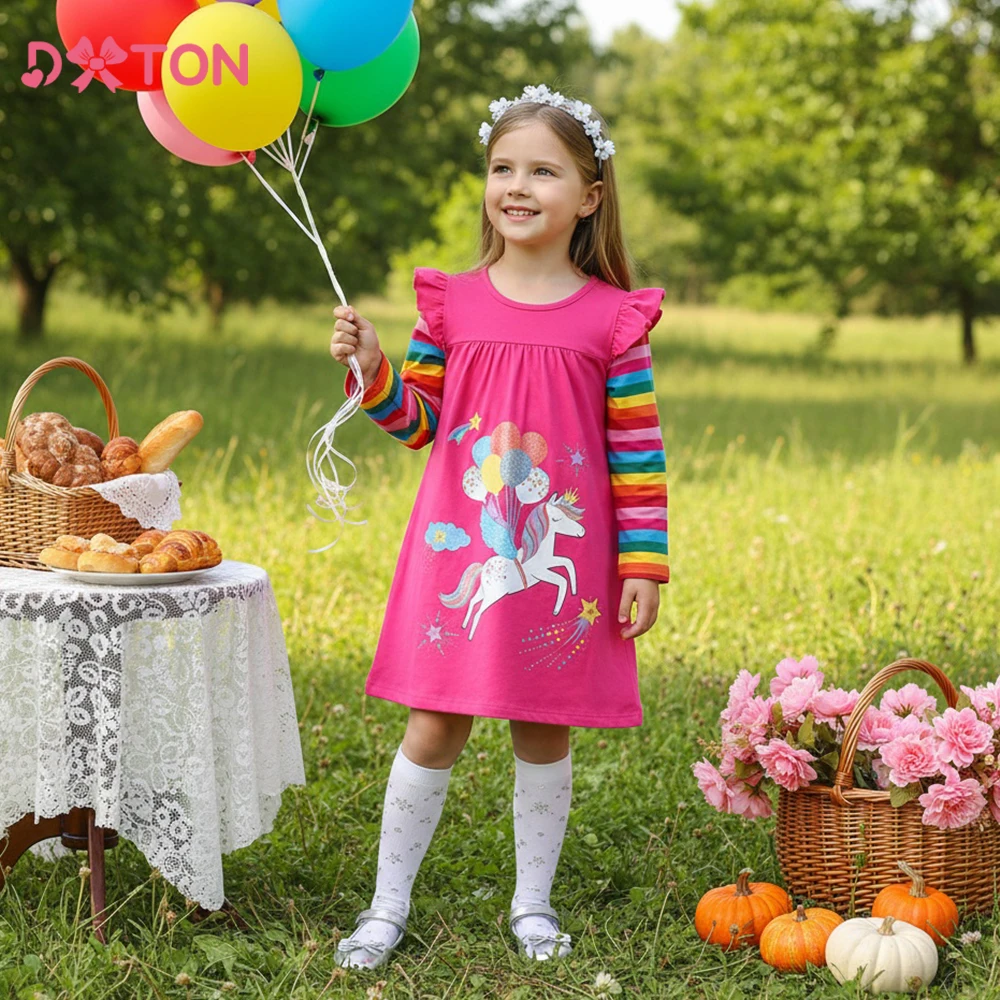 DXTON vestido acampanado infantil de otoño a rayas arcoíris