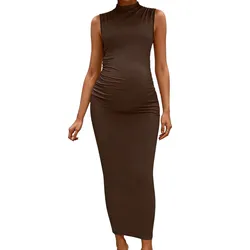 Vestido de maternidad cuello alto sin mangas liso ajustado elástico